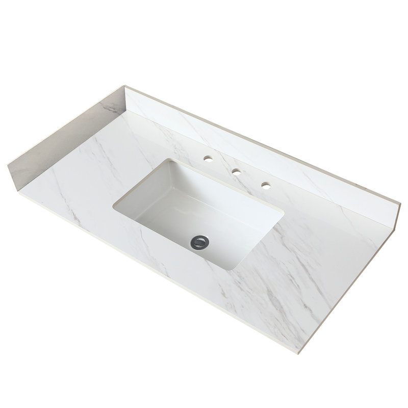 Plateau de meuble-lavabo 43 po - blanc avec dosseret de 4 po, lavabo rectangulaire et dosseret de luxe en pierre frittée, 43"