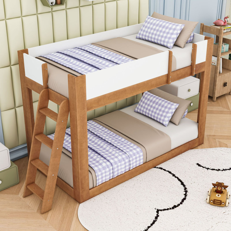 Lit superposé en bois avec échelle réversible et barrières de sécurité, Simple sur simple, Noyer
