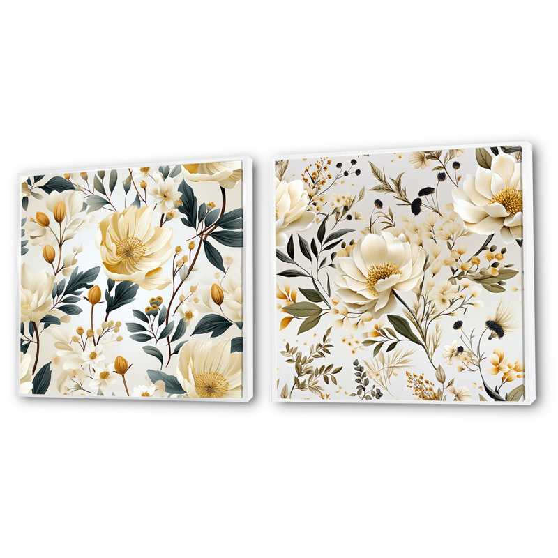Pelhat - Ensemble de 2 collages carrés floraux, H 16 po x l 33 po, Cadre flottant blanc