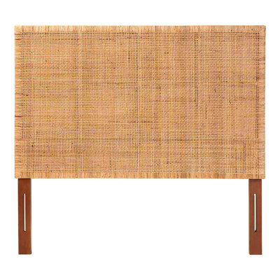Rattan and Mahogany Wood Queen Size Headboard