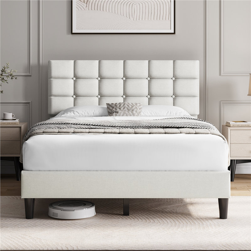 Lit plateforme tapissier Contemporary, Beige, Double