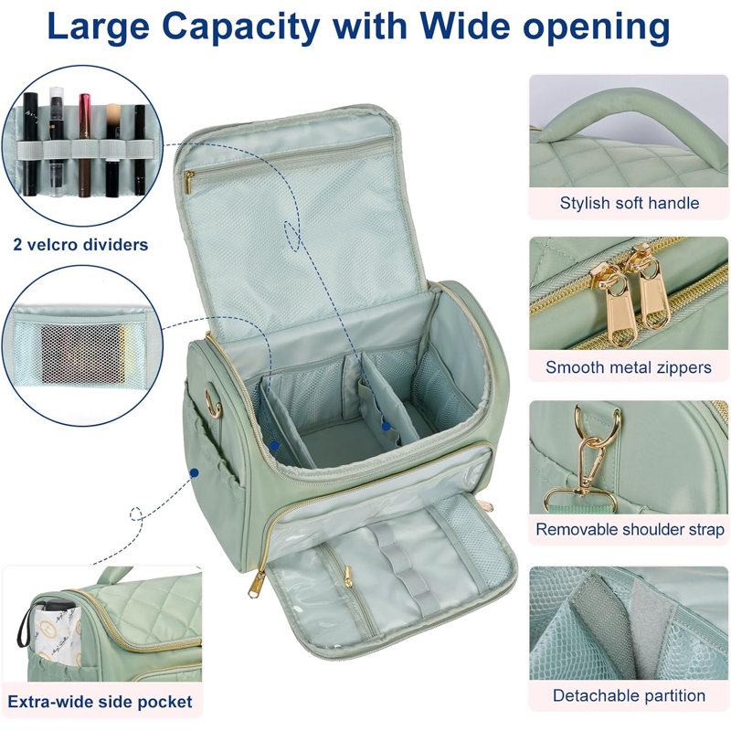 Trousse de toilette de voyage, sac de rangement pour trousse de toilette pour femme de grande taille, vert