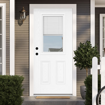 Exterior Fiberglass Front Door 36" X 80", Oak Grain Slab With 3/4 View Blind Glass, Vinly Frame With Door Casing, Knock-Down Easy Installation