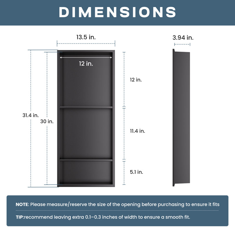 Niche de douche encastrée imperméable avec tablettes doubles noir mat l 12 po x H 30 po x P 4 po, aucun carreau nécessaire