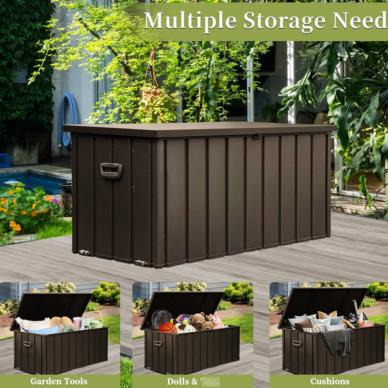 Lockable Deck Box Outdoor - 160 Gallon, Dark Brown, Waterproof Storage Fits Cushions, Pillows, Garden Tools Galvanized Steel, Hydraulic Lift, Easy To Shift Gallon Waterproof, Bin  Dark Brown  For