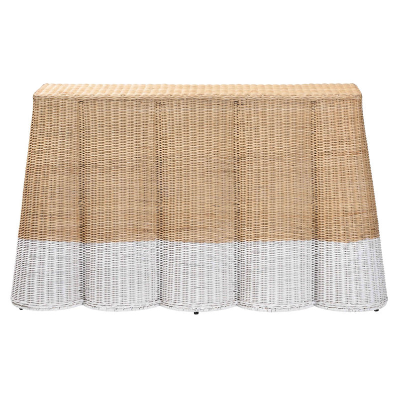 Bali & Pari Palm Scallop Natural Rattan Console Table - Handwoven Wicker Accent Table, Coastal & Boho Decor, Rectangle 54", Two-Tone White/Natural