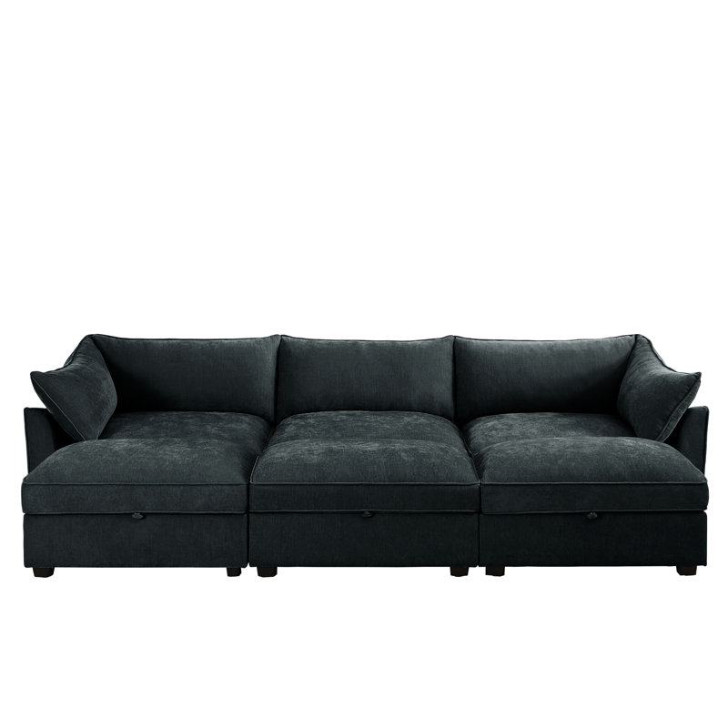 Siège large à 3 places avec repose-pieds, canapé modulaire gris chenille pour le salon, tiroir coulissant sous chaque siège, tissu lisse et lisse, canapé-lit de cinéma disponible en plusieurs tailles, usure