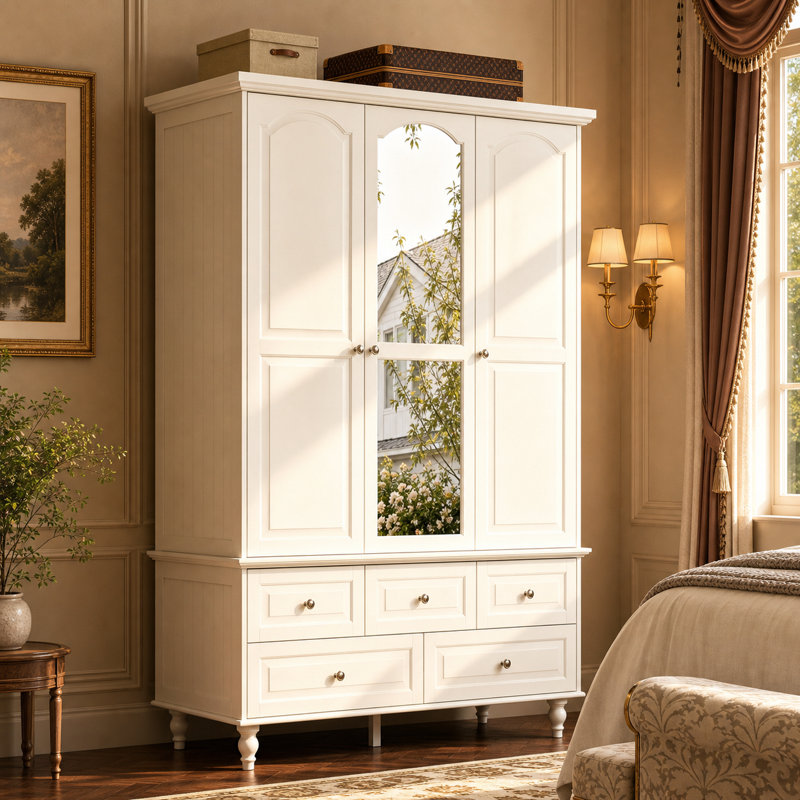 Armoire-penderie blanche à 3 portes avec miroir et 5 tiroirs