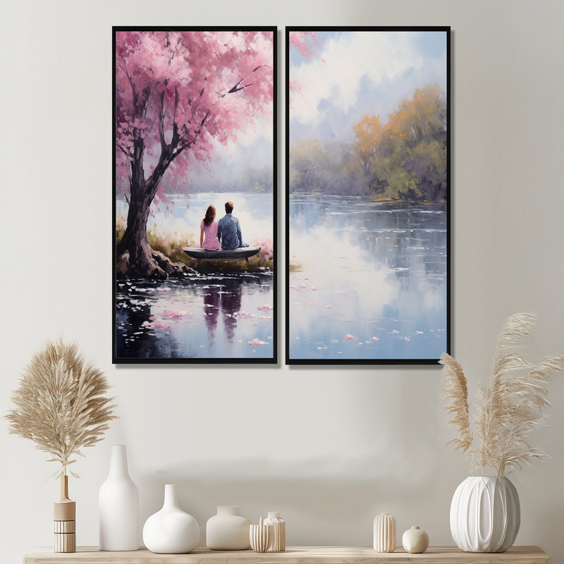 «Romantic Couple Landscape Serenity III», reproductions d'art traditionnel sur toile, 32" H x 32" W, Floater Frame, Black