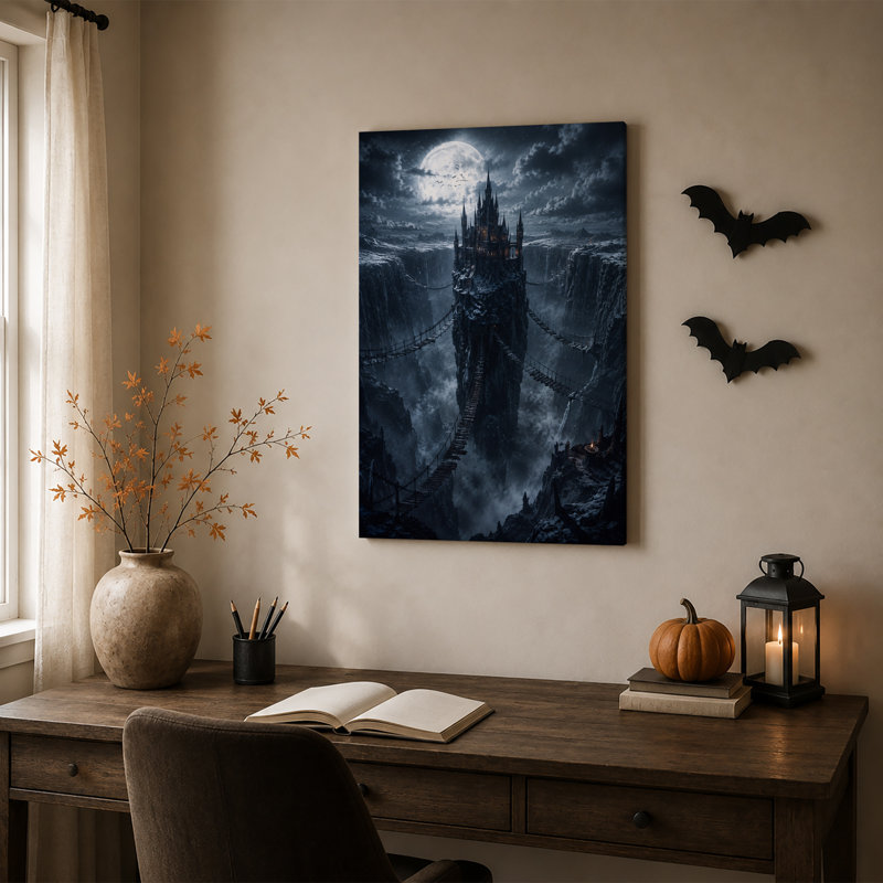 Impression sur toile, "Dark gothic Castle on Tall Rocky Spire Under Full Halloween", H 18 po x l 12 po