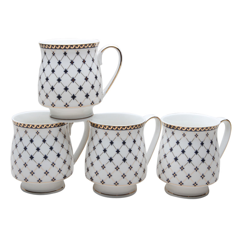 Grace Tea Ware Trellis Blue Gold Pedestal Coff or tea Mugs, Set of 4