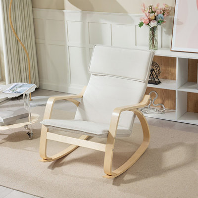 Cream Linen Upholstered Birch Bentwood Rocking Lounge Chair With High Back And Detachable Headrest Adjustable Seat Height Sturdy Indoor Relaxing Armchair For Bedroom And Living Room Use