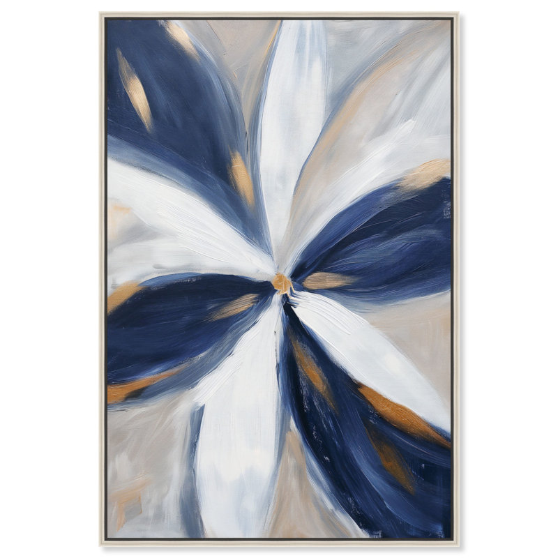 Toile blanche et bleue II avec art abstrait indigo par Art Remedy, Cadre argenté, H 55 po x l 37 po