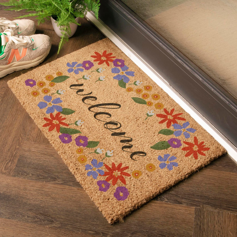 Welcome Floral Border Coir Doormat, 40cm W x 60cm L