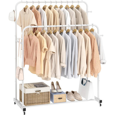 Double Rods Garment Rack With Wheels, Clothing Rack For Hanging Clothes,4 Hooks, Multi-Functional Bedroom Clothes Rack