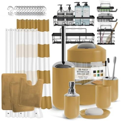 Bathroom Accessories Set - 28PC Bathroom Set With Adhesive Corner Shower Caddy Hanging, Bathroom Sets With Shower Curtain And Rugs, Gold Shower Curtain Set With Bathroom Trash Can