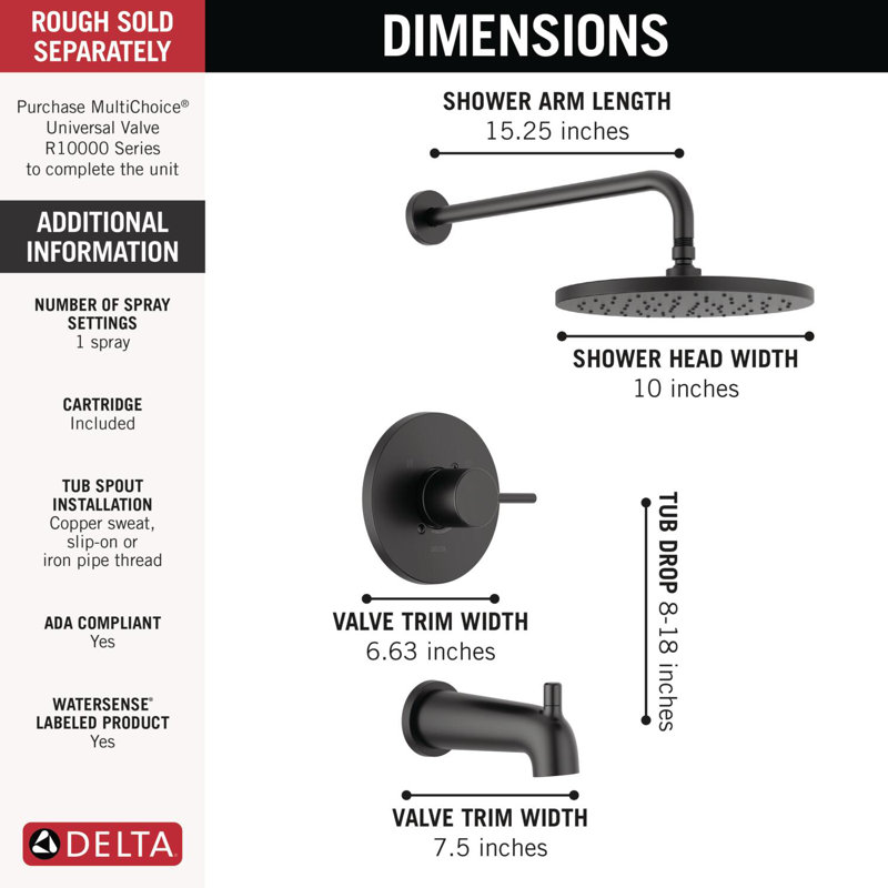 Modern Raincan Round Single-Function Tub and Shower Faucet Set, Valve Trim Kit, Rainfall Shower Head, Matte Black