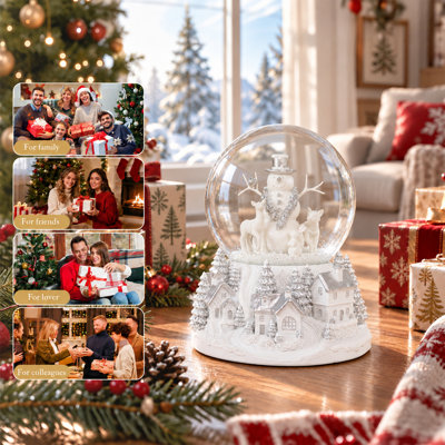 Boule à neige musicale de Noël blanche et argentée avec bonhomme de neige et cerf, lumière DEL à couleurs changeantes, paillettes flottantes rotatives, socle en résine représentant un village d'hiver, cadeau de décoration de table pour les fêtes