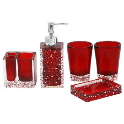 5-Piece Resin Bathroom Accessory Set With Soap Dish, Dispenser, Toothbrush Holder And Tumbler, Red