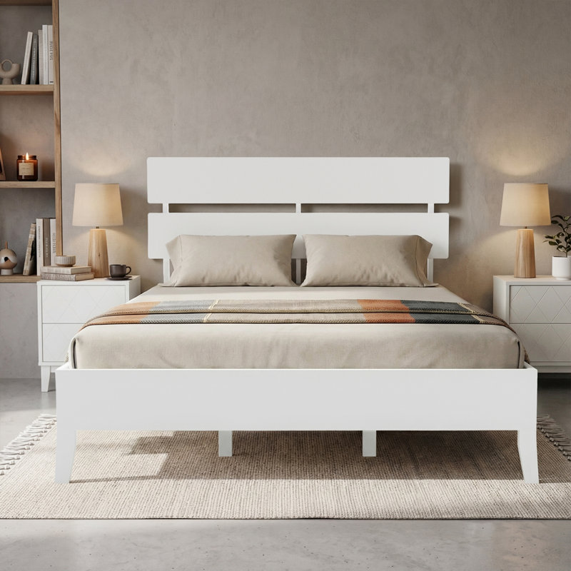 Solid Wood Platform Bed Frame , King Bed Frame With Headboard Included, Mid Century Modern Bed, White, White, King