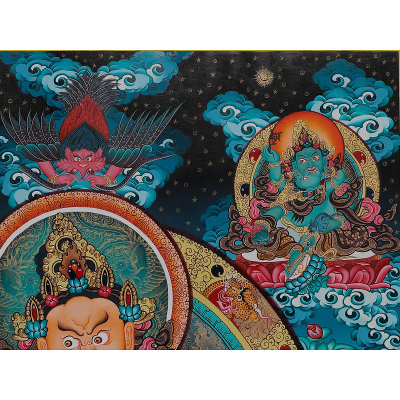 Lord Kubera Thangka sans brocart | Art mural dieu bouddhiste tibétain peint à la main | Décoration en or 24 carats prospère et réussie (27,6 po x 19,7 po)