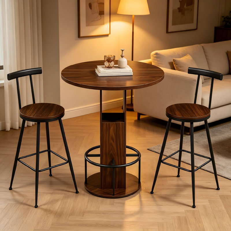 This Walnut Wood Three-Piece Bar Table And Chair Set Features A Round Table With Two Stools And Metal Footrests. It's Compact, Versatile, And Suitable For Small Spaces Such As Dining Rooms, Bars, And Living Rooms.