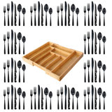 73 Piece Black Silverware Set With Large Adjustable Bamboo Organizer, Service For 8