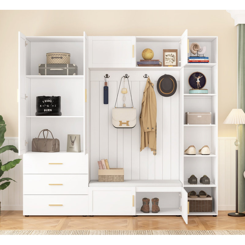 (White) American Style 4-in-1 Hall Tree with Padded Bench 4 Hooks and Adjustable Storage Shelves, White