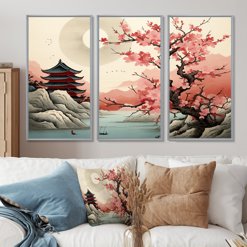 Pagode japonaise cerisier en fleurs, rivière, Japon, ensemble d'art mural paysage, Encadrement argenté