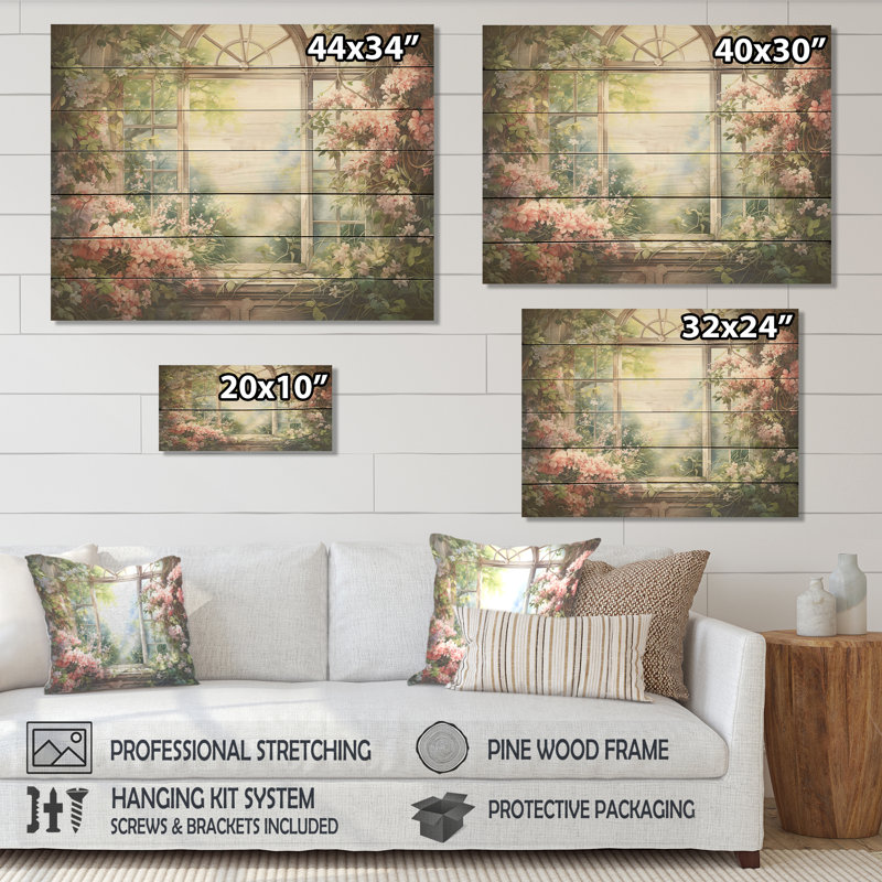 Pink Blossoming Country Window Gaze II - Floral Window On Wood Print, 10" H x 20" W x 0.78" D