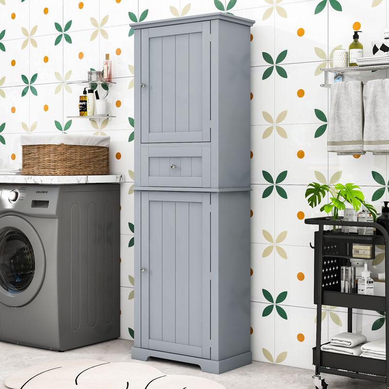 Armoire de salle de bain en bois avec tablette réglable et tiroir de rangement Wilhelmine, Gris