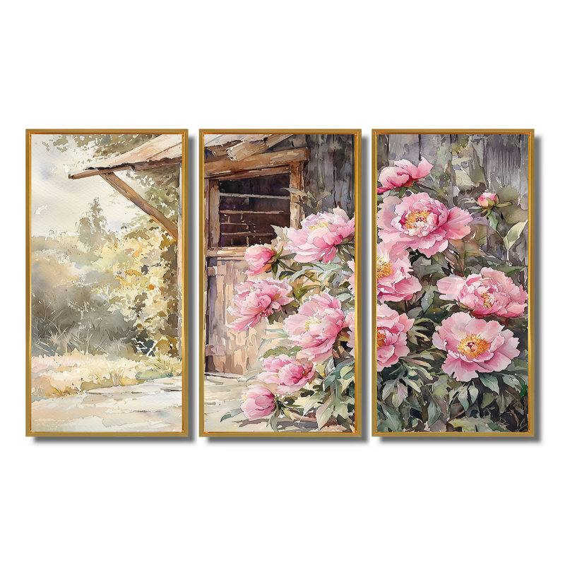 Pivoines par le poulailler IV - Art mural pivoines - 3 panneaux, H 40 po x l 60 po, Impression encadrée sans passe-partout