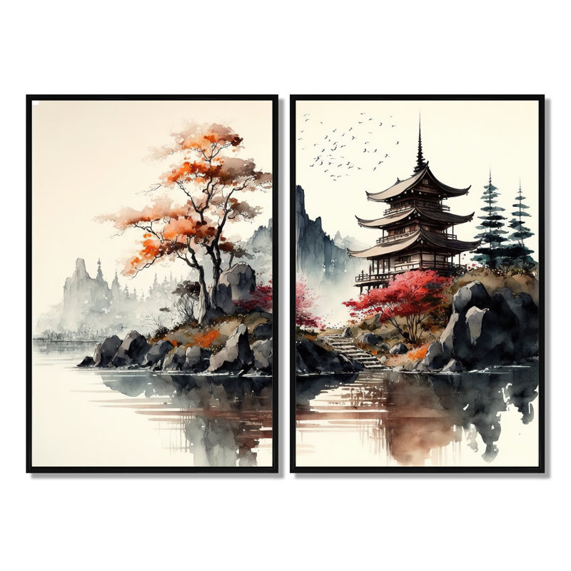 Aquarelle paysage japonais I - art mural moderne 2 pièces, Black, 36" H x 48" W, Impression encadrée flottante