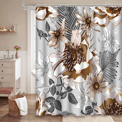 Waterproof Seamless Tropical Fern Floral Bath Bronze Peony Shower Curtain with 12 Hooks