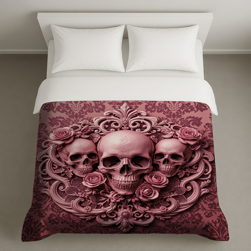 Housses de couette Skulls With Pink Roses, Lit simple