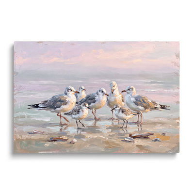 Tableau multicolore sur toile représentant un paysage de plage avec des mouettes, œuvre d'art murale picturale pour le salon, la salle à manger et la chambre.