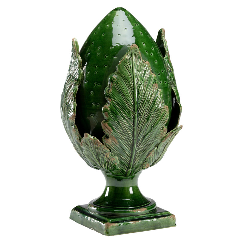 Sculpture artichaut, Glacis vert émeraude vieilli, H 17,5 po x l 10 po x P 10 po
