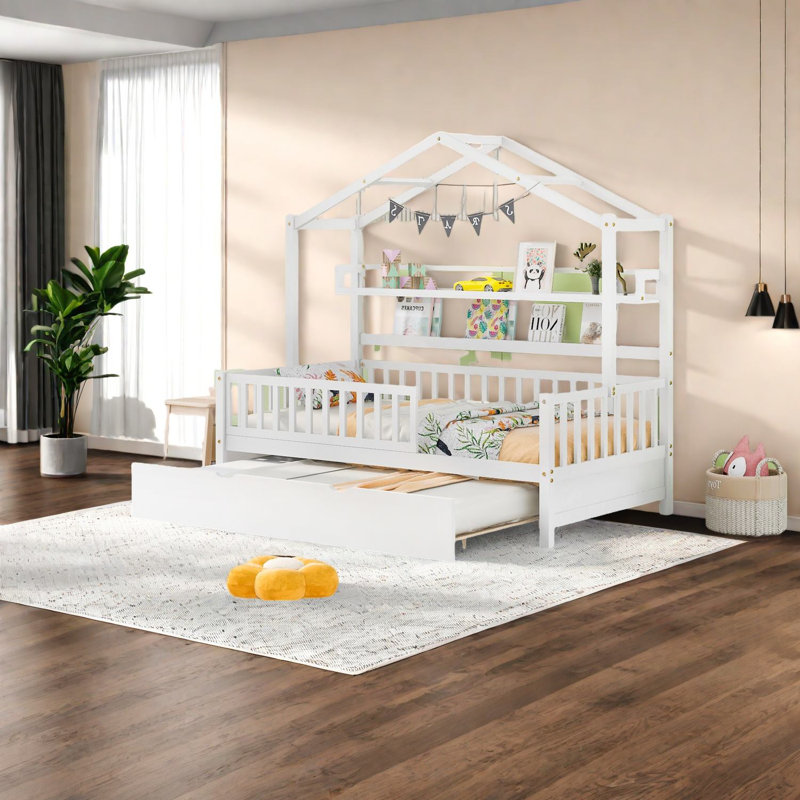 Lits de maison en bois peu encombrants avec lit gigogne et tablettes, style moderne