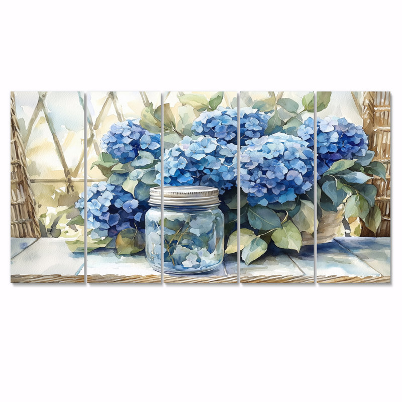 Hortensias et eucalyptus II - décoration murale hortensia - art mural traditionnel, H 32 po x l 80 po, 5