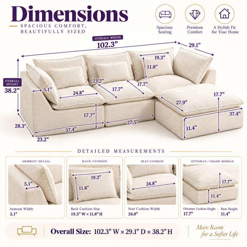 Canapé d'angle modulaire Cloud 102,3 po (260 cm) de large avec coussins à mémoire de forme, revêtement en lin et coton respirant, 3 places avec pouf.
