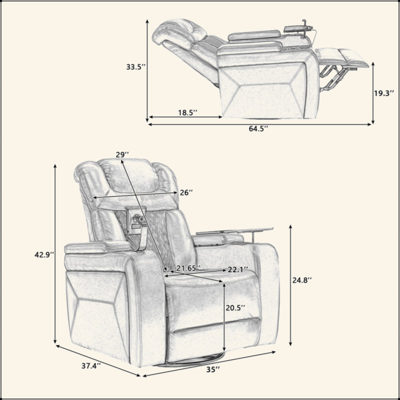 270 Degree Swivel PU Leather Power Recliner Individual Seat Home Theater Recliner With Tray Table,  Phone Holder, Cup Holder,  USB Port, Hidden Arm Storage For Living Room
