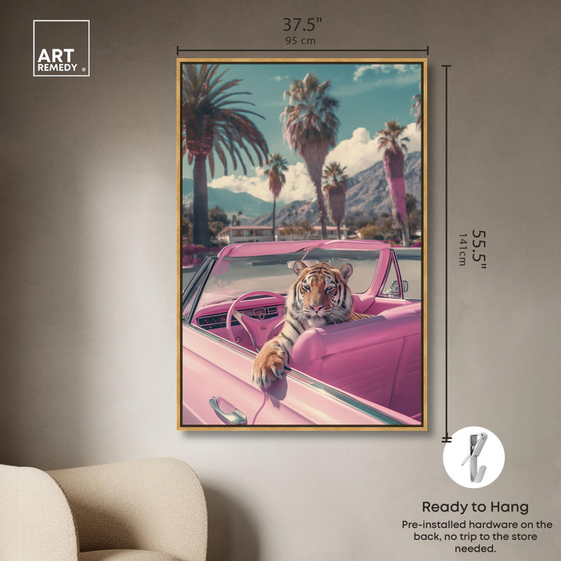 Art mural rose Rosy Tiger's Ride I, Cadre doré, H 55 po x l 37 po