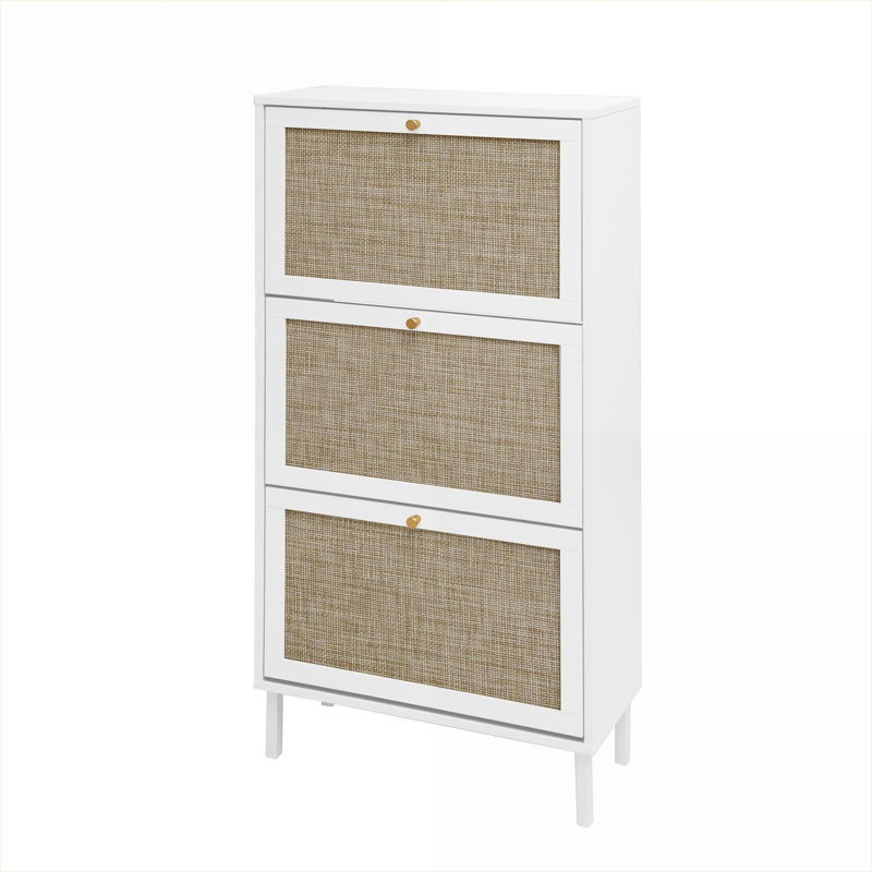 Shoe Storage Cabinets | 3-Door Freestanding Modern Engineered Rattan Shoe Organizer for Entryway | ivory | Particle Board