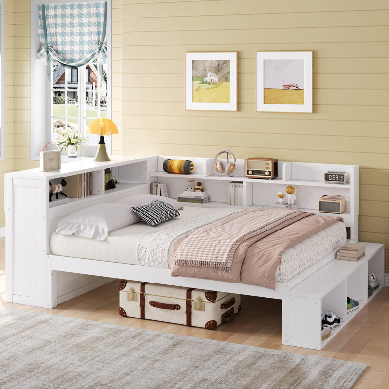 Full Size Daybed with Storage Cabinets, Shoe Cabinet and USB Ports, White, White