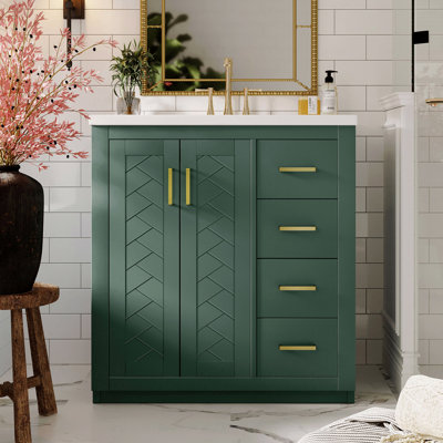 Ensemble de meuble-lavabo avec lavabo en céramique, meuble de rangement en bois massif, ensemble de meuble-lavabo autoportant avec 3 tiroirs et portes à fermeture douce