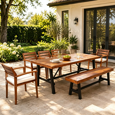 7-8 Person Outdoor Acacia Wood Dinning Set, Patio Furniture Set with Bench, Table and 5 Ergonomic Chairs, Removable Cushions