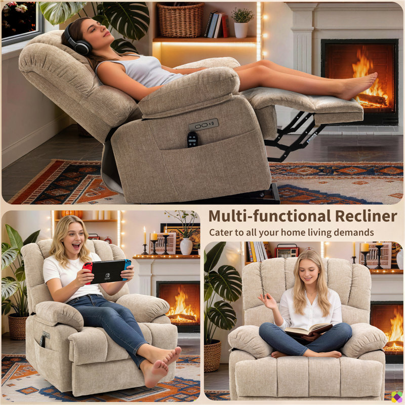 Brisen 40" W Oversize Chenille Power Lift Up Heated Massage Recliner, Remote, USB Type-C Port, Beige Chenille