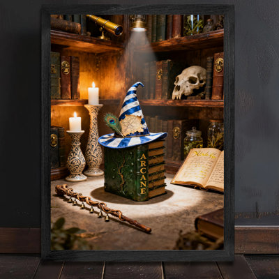 Black Framed Vintage A wizard's desk filled with books Wall Art Retro Style Framed Prints