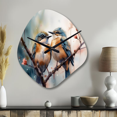 Blue Birds Sitting On Tree Branch III - Asymmetrical Floral Bird Metal Wall Clock, Unique shape Clock Print