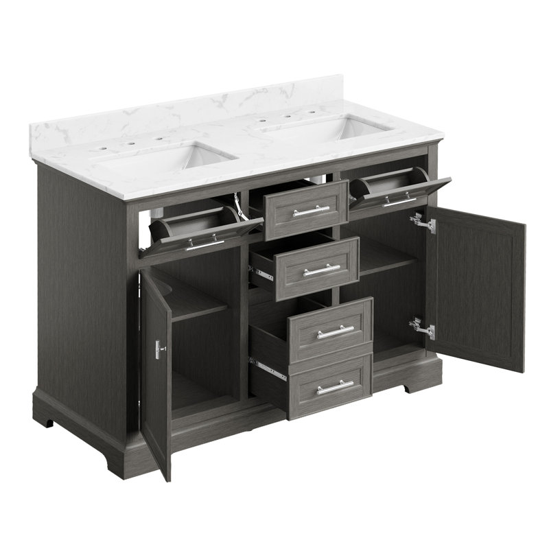 Meuble-lavabo autoportant de 122 cm (48 po) en bois gris avec lavabo simple et comptoir en pierre reconstituée, Gray